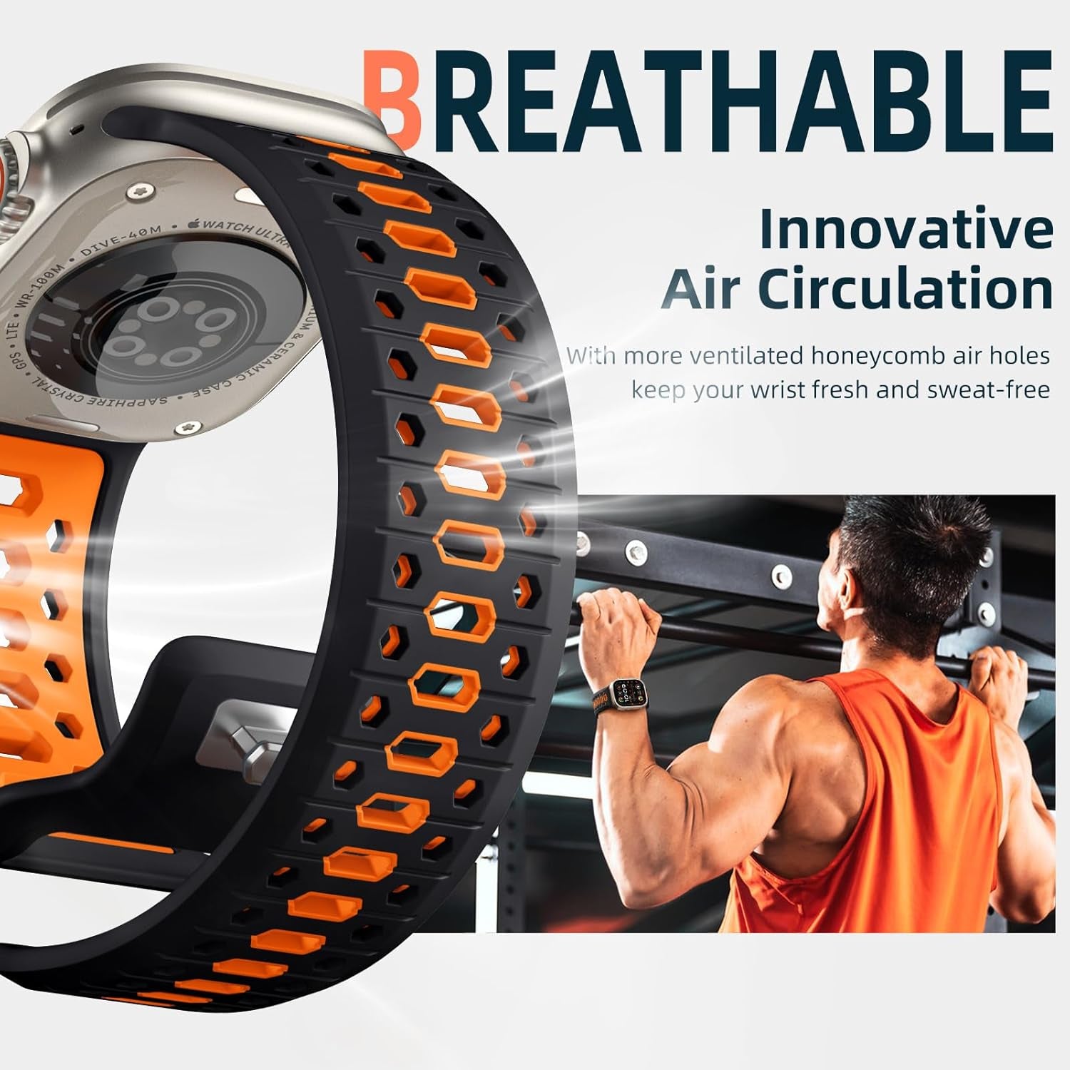 Black & Orange 26MM Width Breathable Silicone Sport Band Compatible with 49Mm Apple Watch Ultra 2/1, 46Mm Series 10, 45Mm Series 9 8 7, 44Mm Series 6 5 4 SE 2/1, 42Mm Series 3 2 1