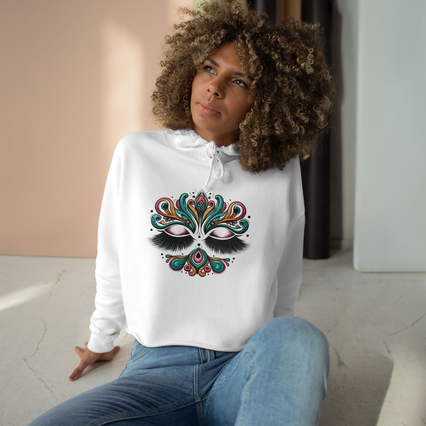 Lashes Boho Chic Crop Hoodie with Vibrant Peacock Design - Perfect for Festivals and Everyday Wear