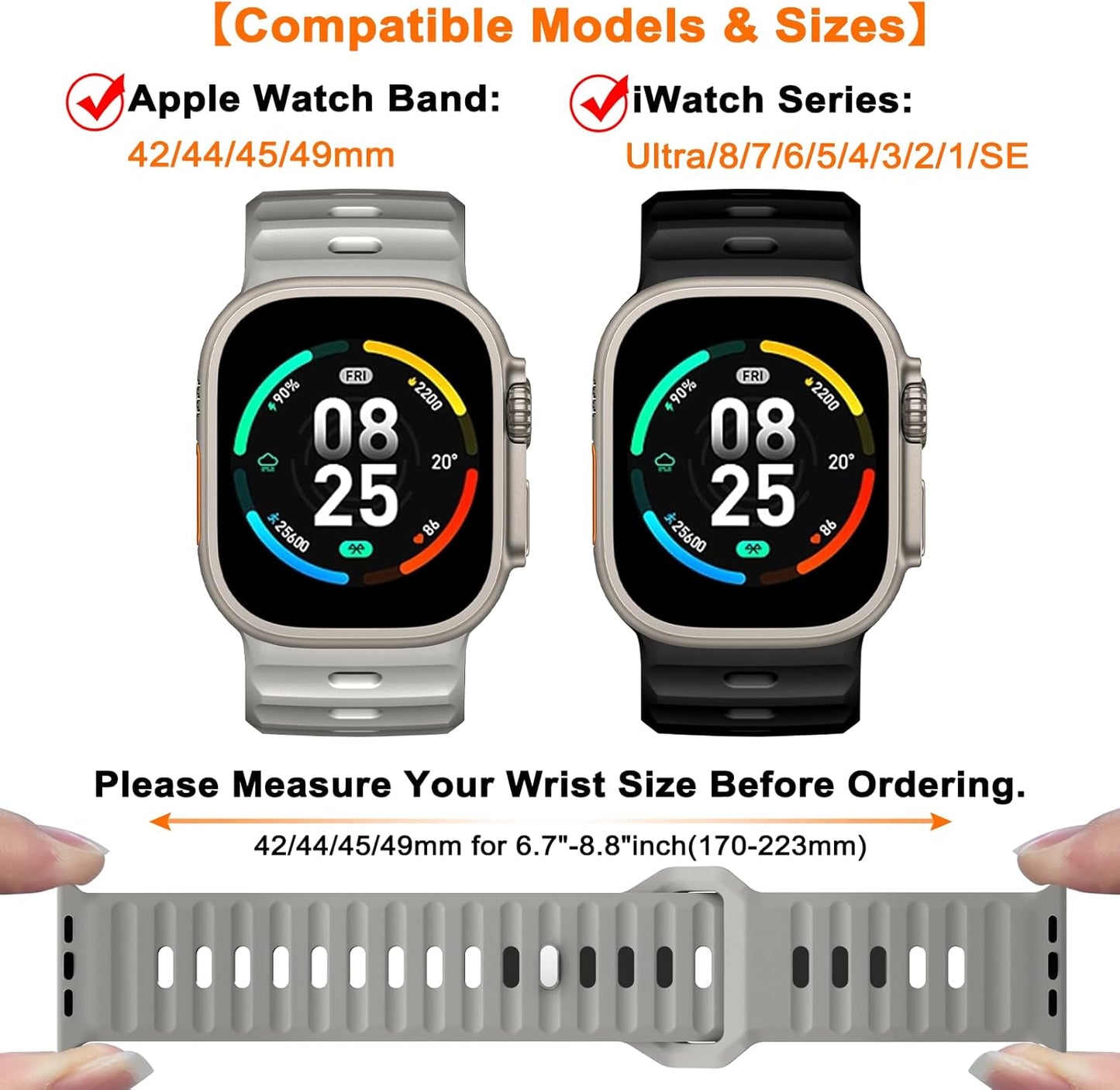 2 Pack Sport Band Compatible with Apple Watch Ultra Band 49Mm 45Mm 44Mm 42Mm Men Women, Adjustable Waterproof Silicone Strap for Iwatch Series Ultra2/Ultra1 SE/9/8/7/6/5/4/3/2/1, Black/Gray