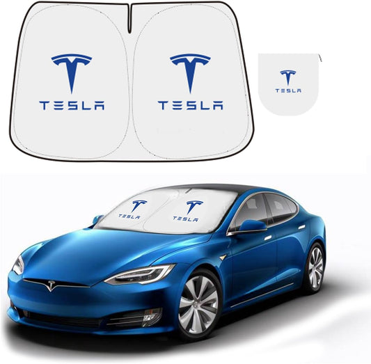 For Tesla Model Y Sunshade Tesla Model 3 Sunshade, for Tesla Model 3 Model Y Accessories 2024, Foldable 300T High-Density Front Window Sunshade with Organizer Bag (Blue)