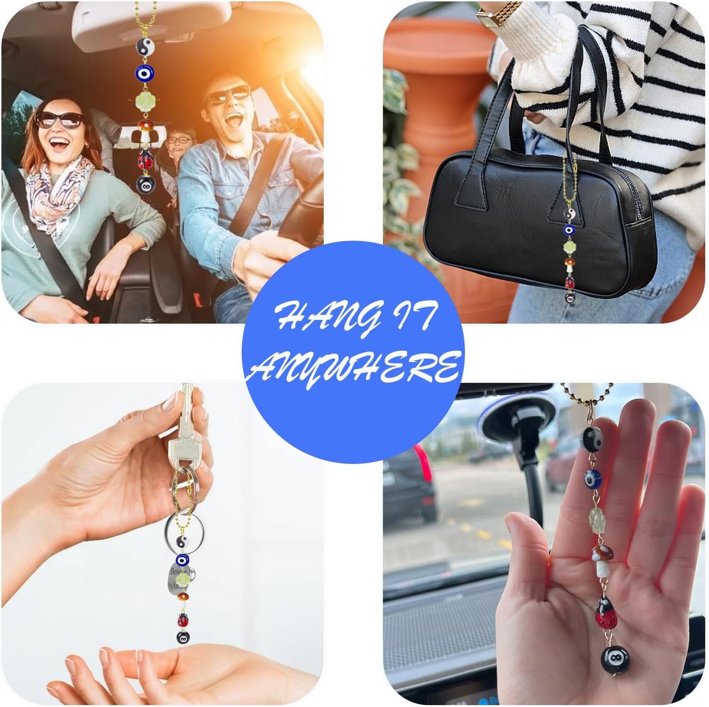 Evil Eye Car Hanging Ornament,Good Lucky Days Car Charm,8 Ball Mushroom Four-Leaf Clover Pendant for Car Rear View Mirror,Cute Boho Evil Eye Ladybug Yin Yang Symbol Car Decor Accessories