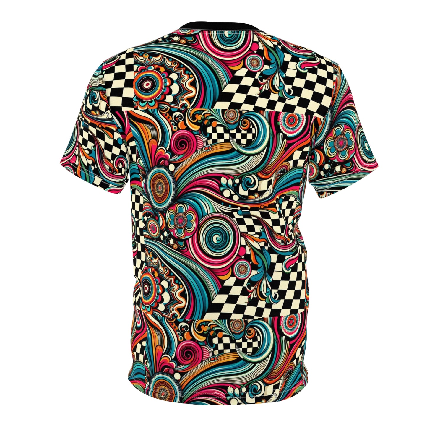 Vibrant Unisex Cut & Sew Tee with Colorful Swirls & Checkered Design