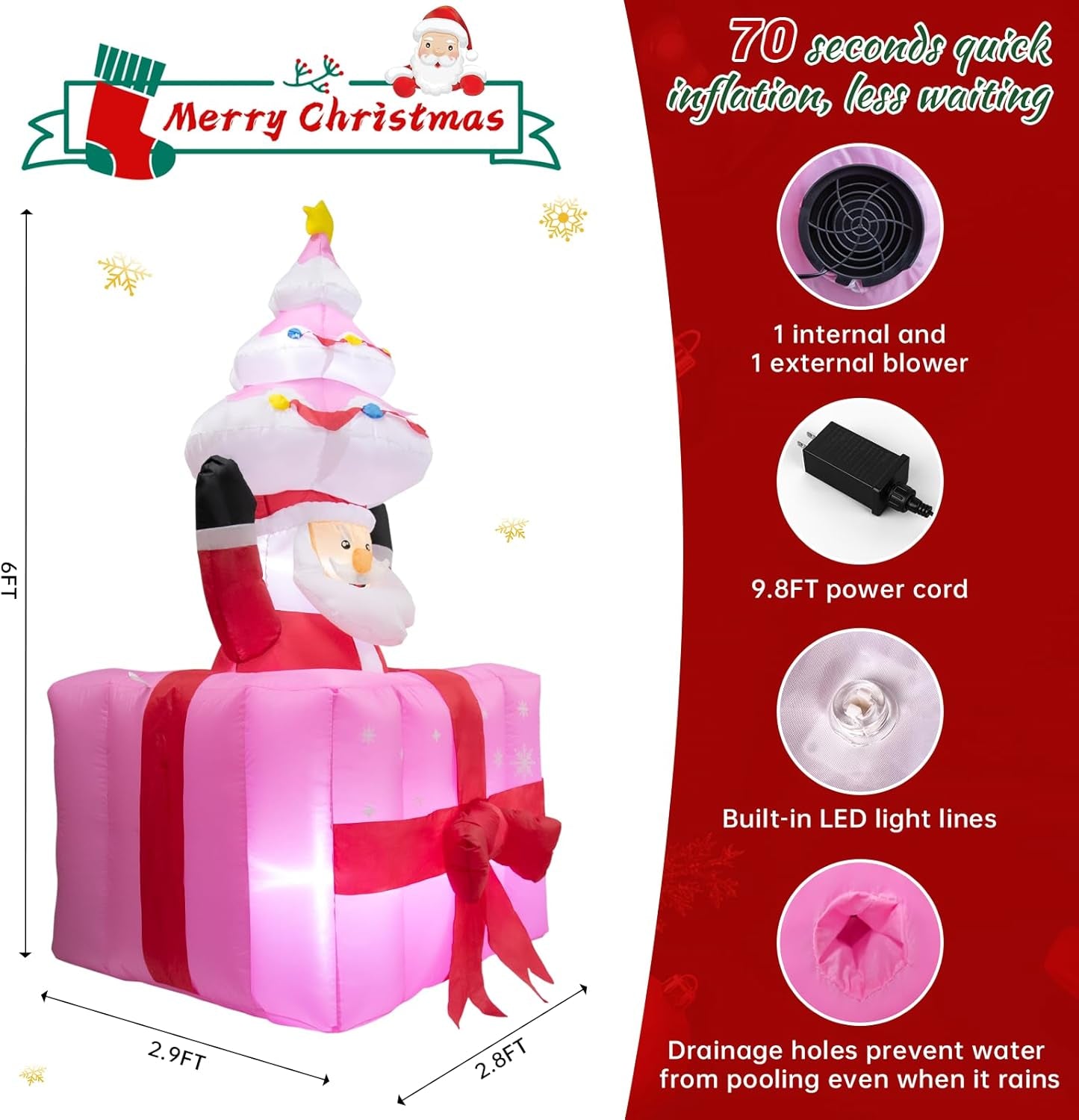 Christmas Inflatable Santa Outdoor Decoration: 6Ft Blow up Automatic Lifting in Gift Box - Built-In LED Glowing Inflatable Decoration for Yard/Garden Lawn