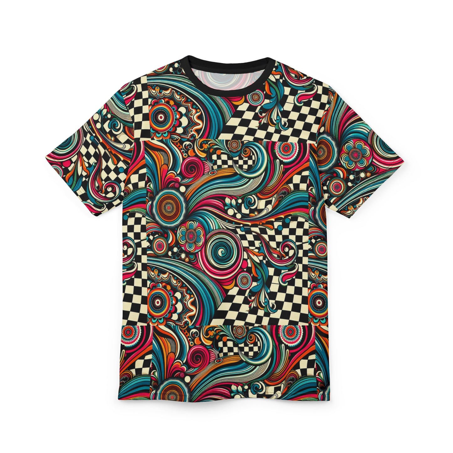 Vibrant Unisex Cut & Sew Tee with Colorful Swirls & Checkered Design