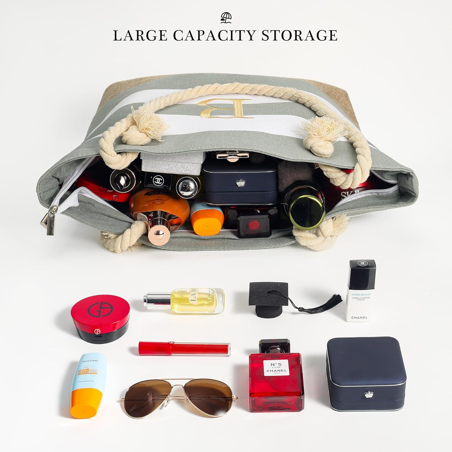 Initial Canvas Waterproof Beach Tote Bag Zipper Personalized Gifts for Women Her Birthday Travel Beach Essential