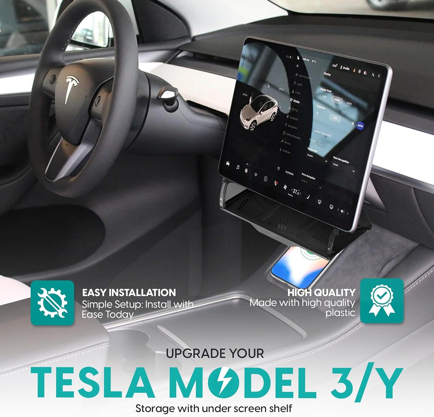 Hidden under Screen Storage for Tesla Model Y and 3 2016-2024 – Consoles and Organizers Accessories for Center Console Organizer Hidden Shelf Phone Magnetic Caddy Holder