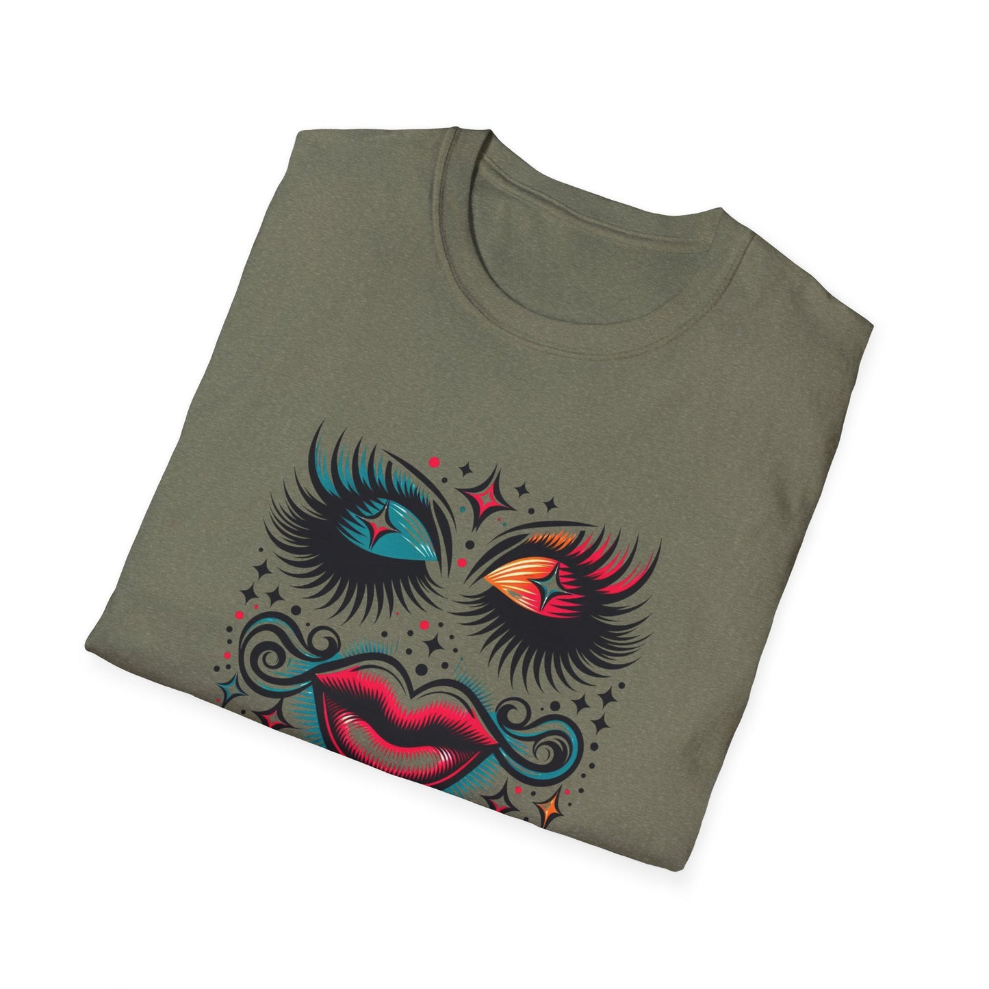 LASHES Vibrant Face Graphic T-Shirt - Unisex Softstyle Tee for Festivals & Celebrations