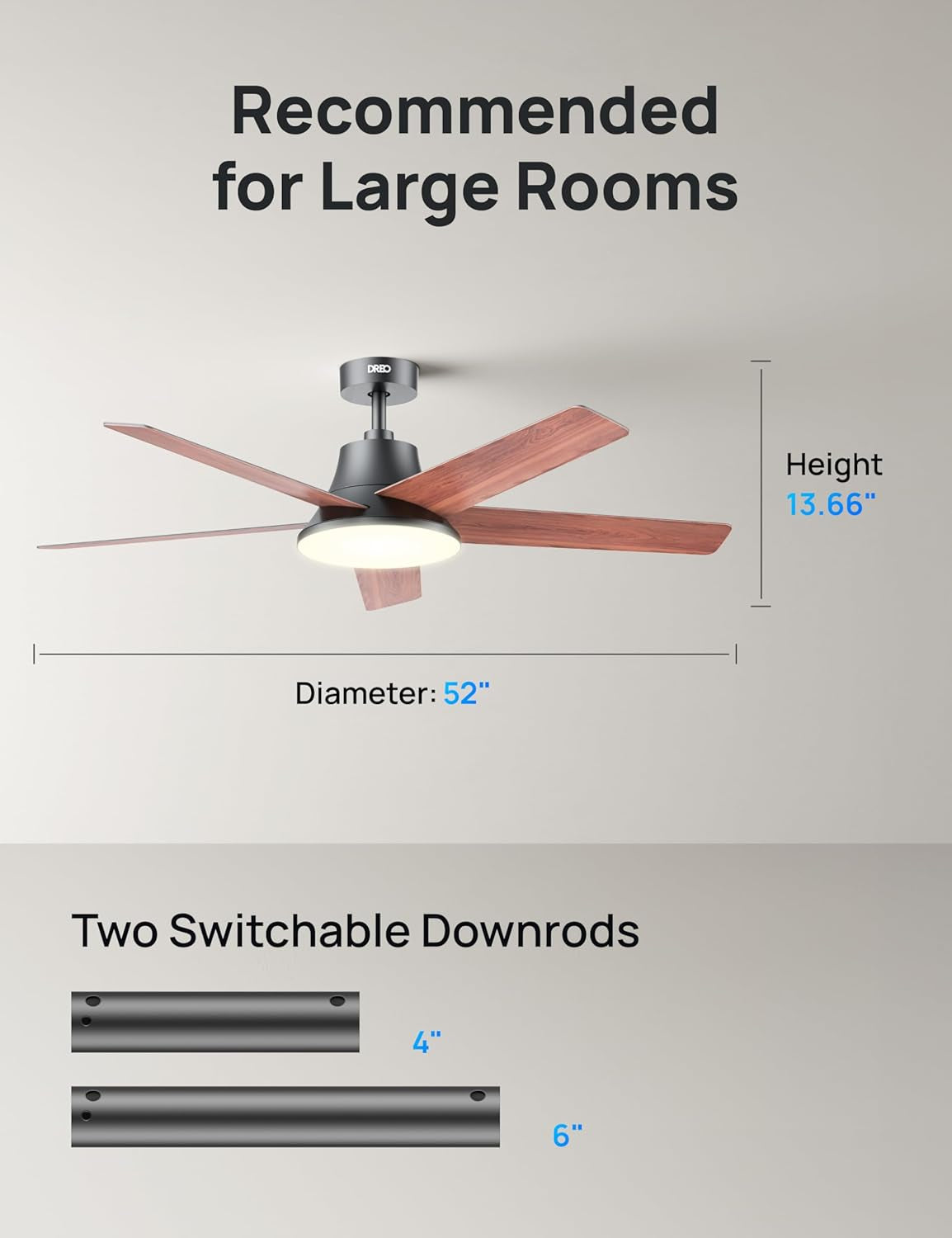 Ceiling Fans with Lights and Remote, 52 Inch, 6 Speeds, 5 Color Tones Dimmable LED, Quiet Reversible DC Motor, 8H Timer, Black Ceiling Fan for Bedroom, Living Room, Easy to Install