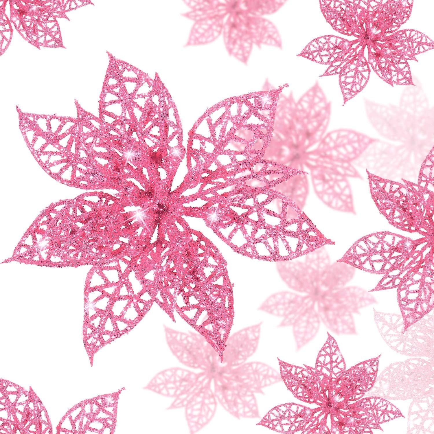 24 Pieces Christmas Poinsettia Tree Ornament Flowers Christmas Decor Glitter Ornament, 3/4/6 Inches(Pink)