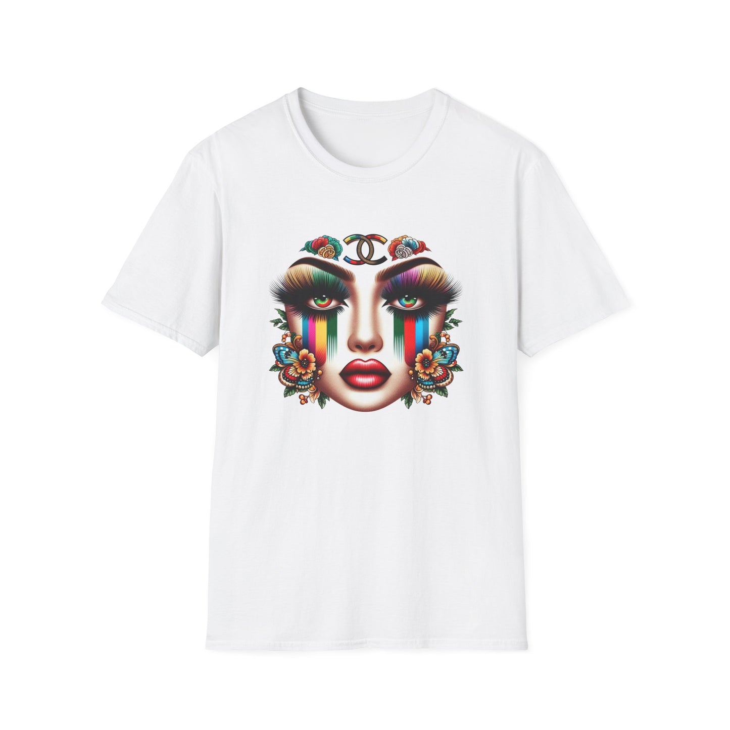 Gucci Inspired Vibrant Art Face Unisex Softstyle T-Shirt - Colorful Floral Design