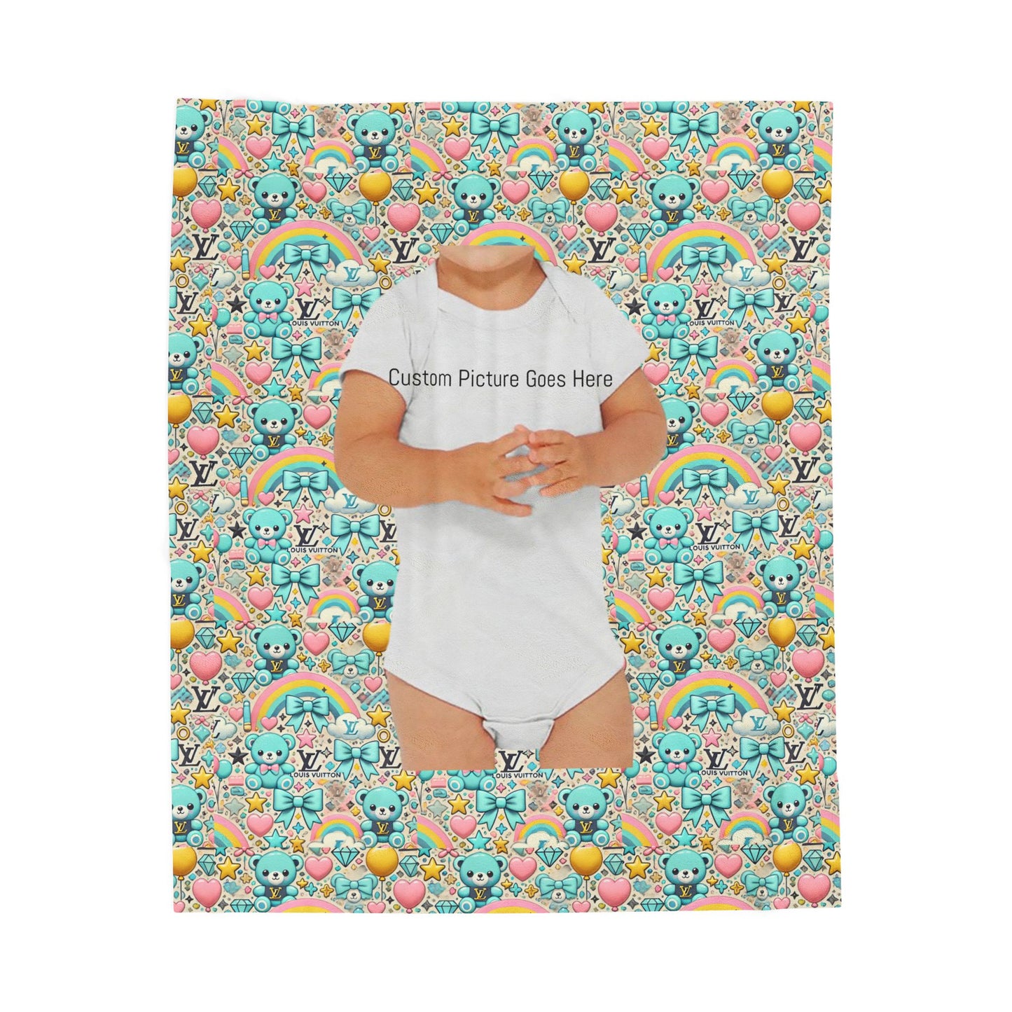 Colorful Plush Blanket Cute Bears and Rainbows Louis Vuitton-inspired fabric pattern for kids Customized Picture