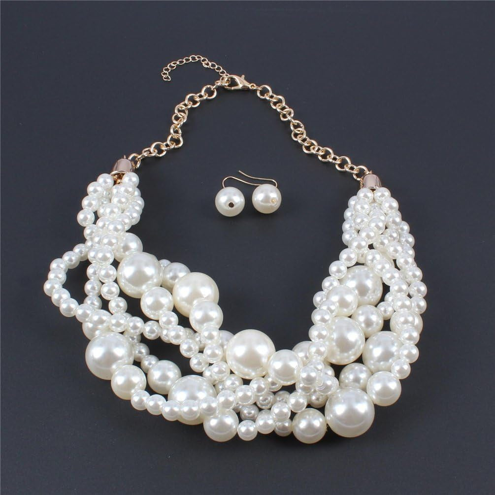 Fashion Faux Pearl Statement Chunky Bib Choker Necklace and Earring Set for Women Gift