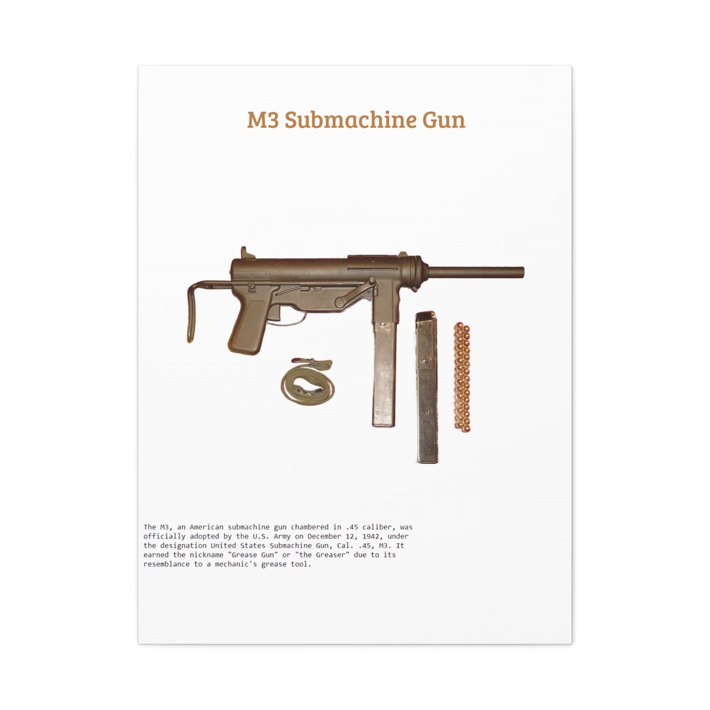 Grease Gun M3 submachine gun Matte Canvas, Stretched, 1.25"