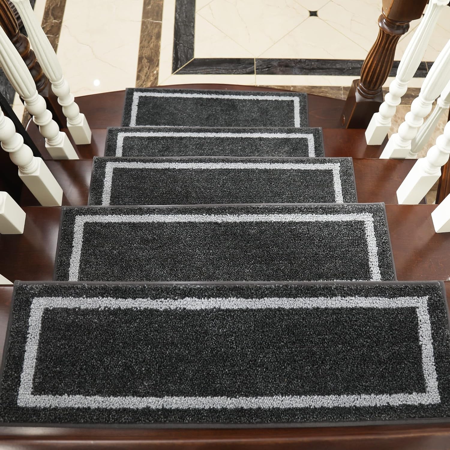 Soft Stair Treads Non-Slip Carpet Mat 28Inx9In Indoor Stair Runners for Wooden Steps,Stair Rugs for Kids and Dogs, 100% Polyester TPE Backing 10Pcs,Black,Square