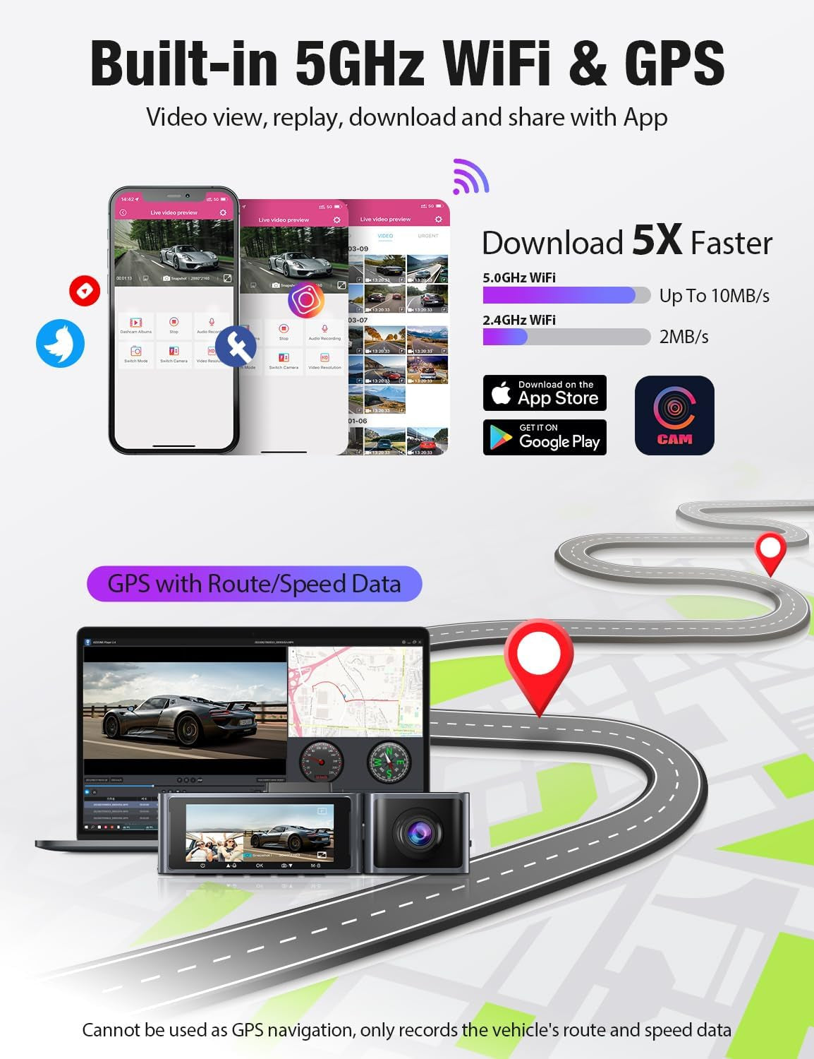 Dash Cam 5G Wifi GPS, Dash Cam Front and inside 4K/2K/1080P+1080P, 64GB Card Included, Dash Camera for Cars with 3.18" LCD Screen, Car Camera with IR Super Night Vision, WDR, G-Sensor, App