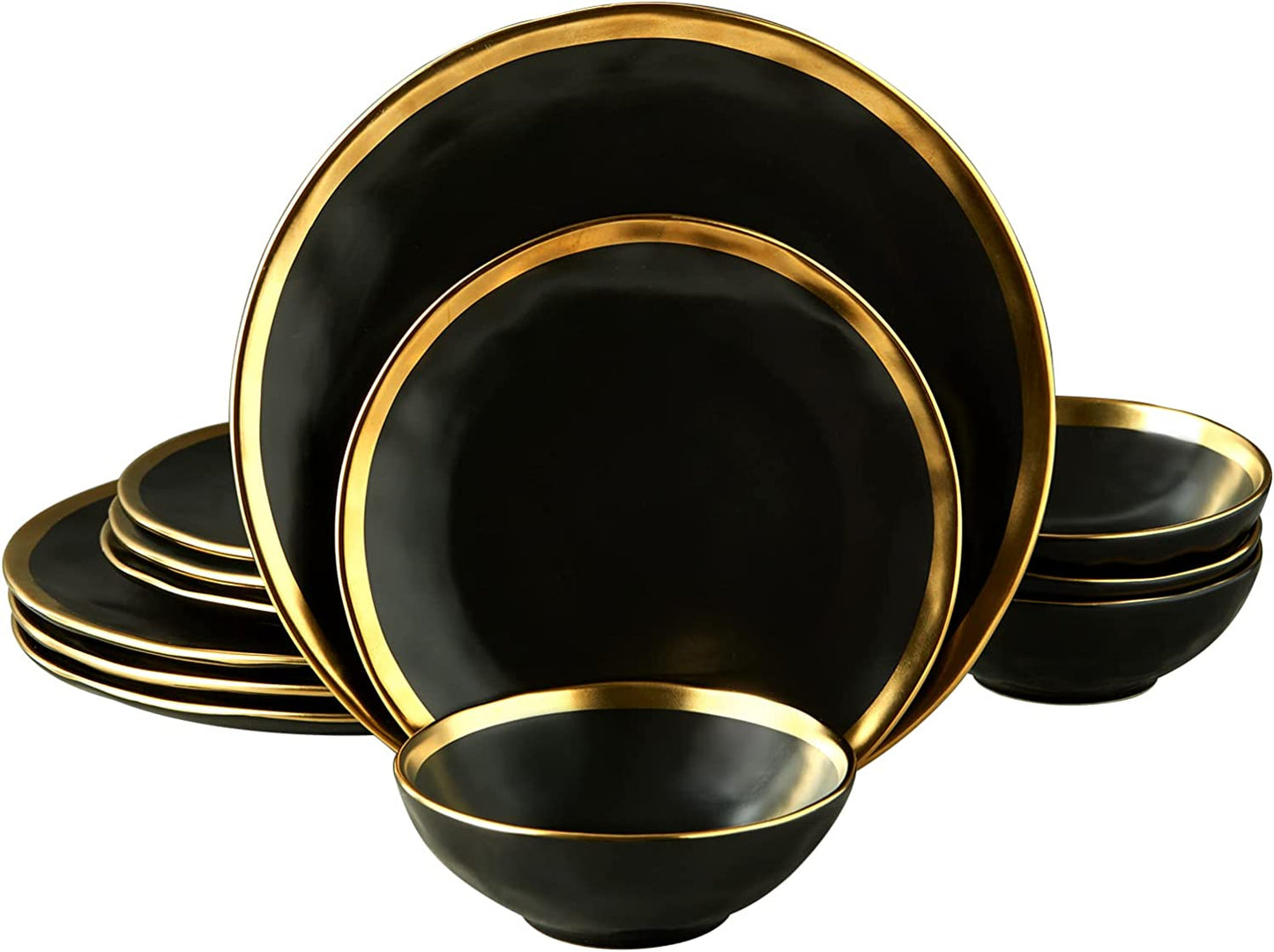 Matte Black Plates and Bowls Sets, 12 Piece Dinnerware Sets Service for 4, Dishes, round Dinner Plates, Bowls, Golden Rim Dish Set for Home Decor