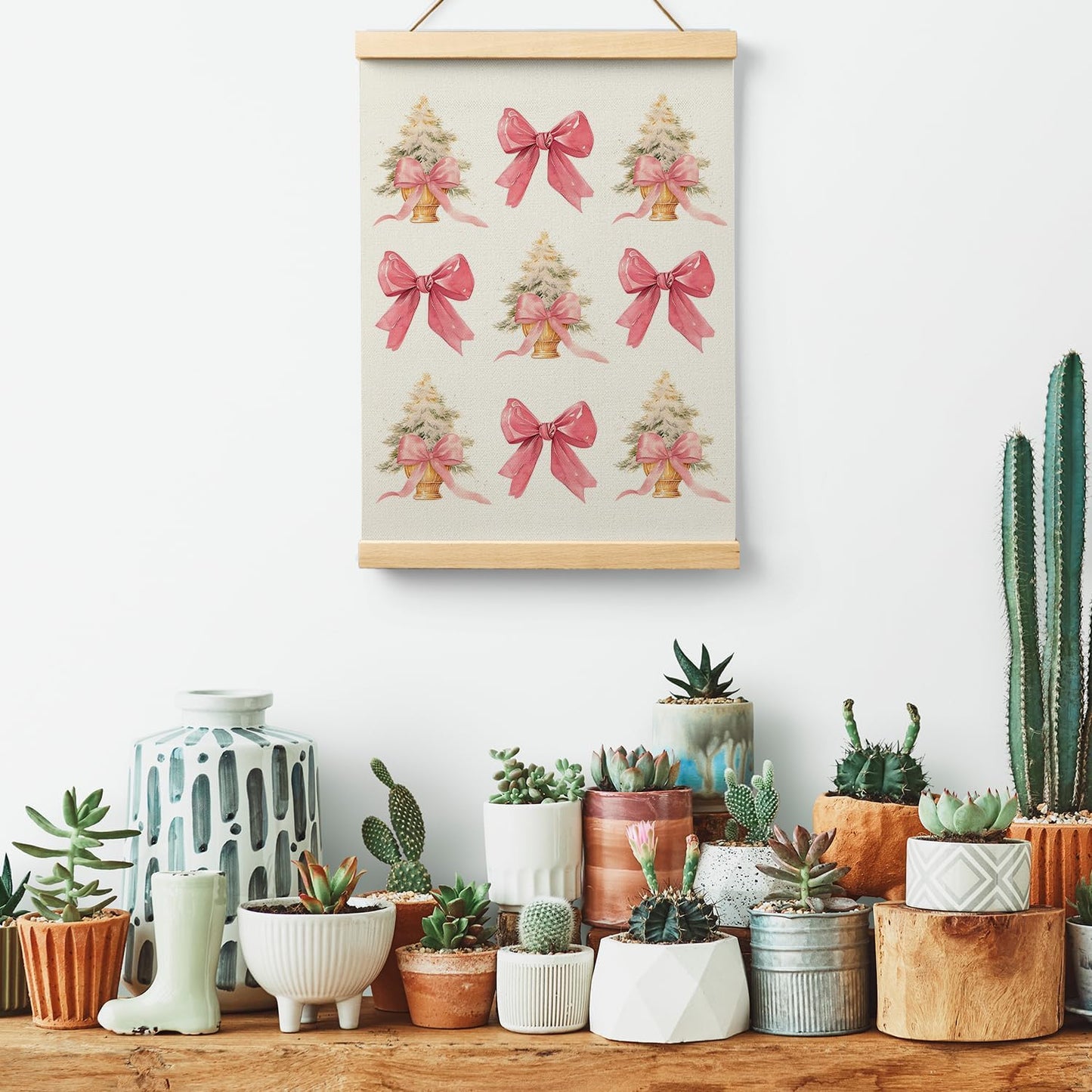 Pink Christmas Wooden Poster Hanger Frame 12.5X17 Inch,Pink Coquette Christmas Poster Hanger Frame,Pink Christmas Decorations,Coquette Pink Bow Christmas Decor