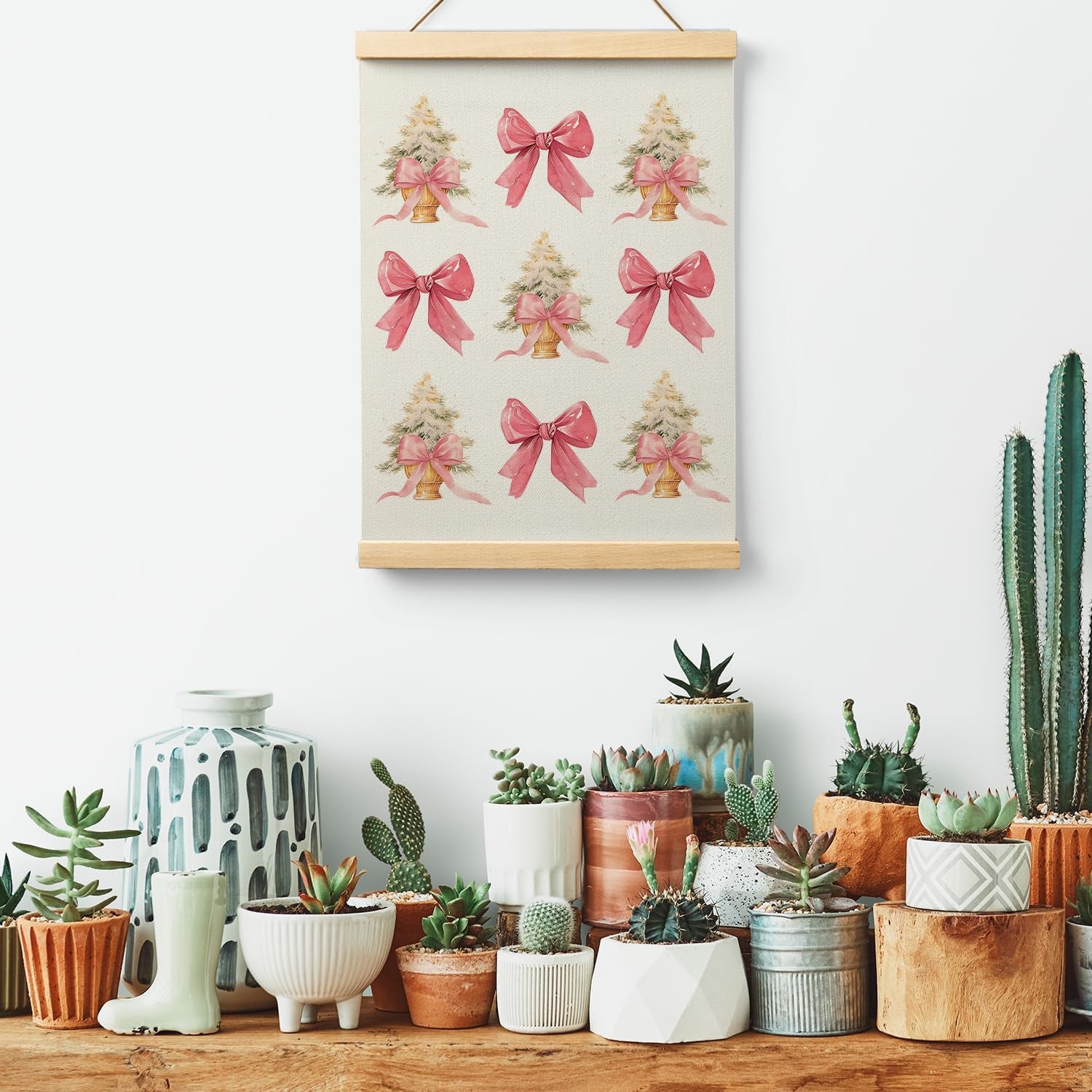 Pink Christmas Wooden Poster Hanger Frame 12.5X17 Inch,Pink Coquette Christmas Poster Hanger Frame,Pink Christmas Decorations,Coquette Pink Bow Christmas Decor