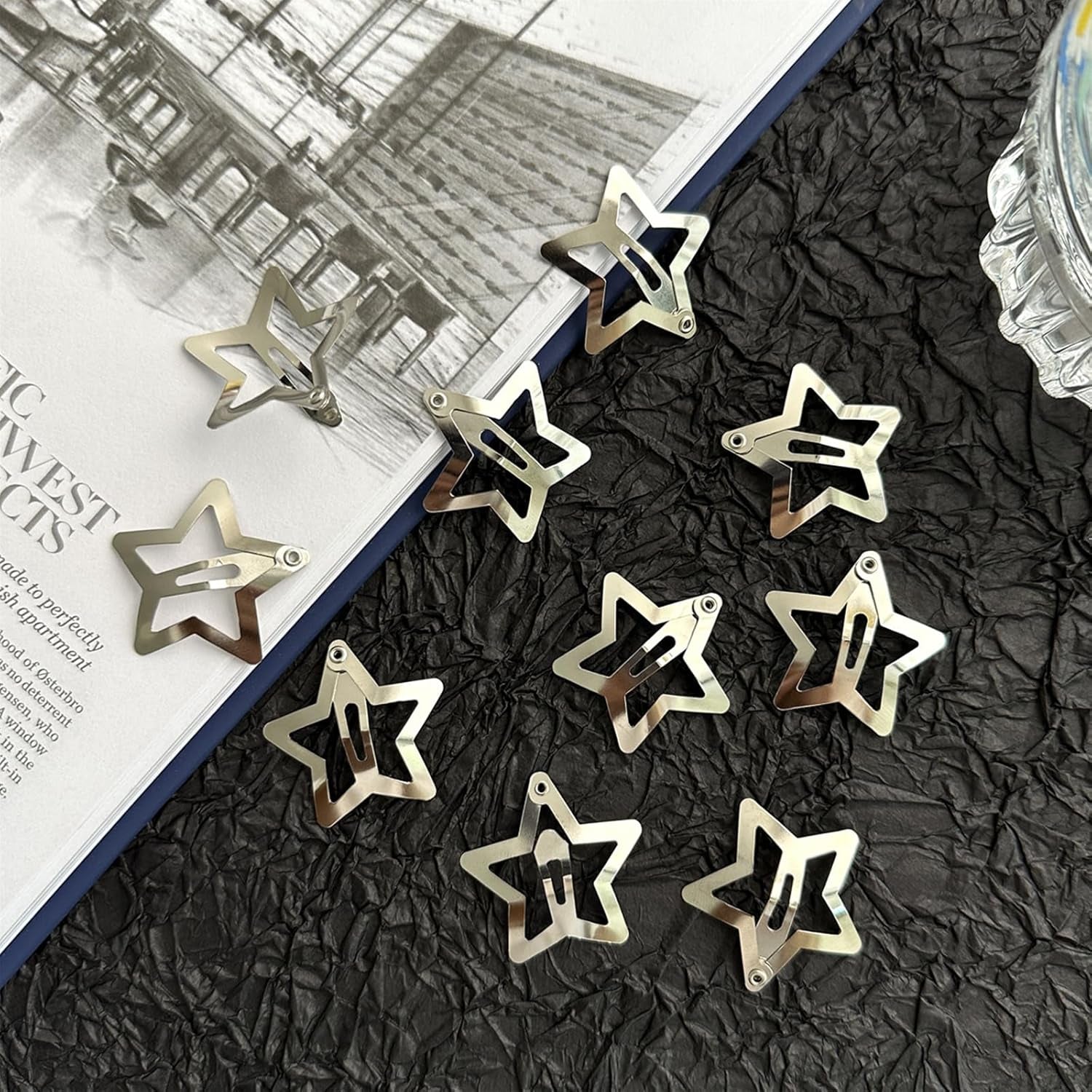 Star Hair Clips 2000S Y2K Snap Hair Barrettes Non Slip Star Hair Accessories Silver Metal Hair Clips for Girls Women -15 PCS 1.57"