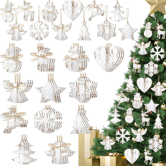 36 Pcs Christmas Tree Hanging Ornaments Xmas Wooden Hanging Decor Rustic Farmhouse Angels Snowflake Snowman Heart Christmas Tree Elk Pendant Tags for Winter Holiday Decor(Snowflake)