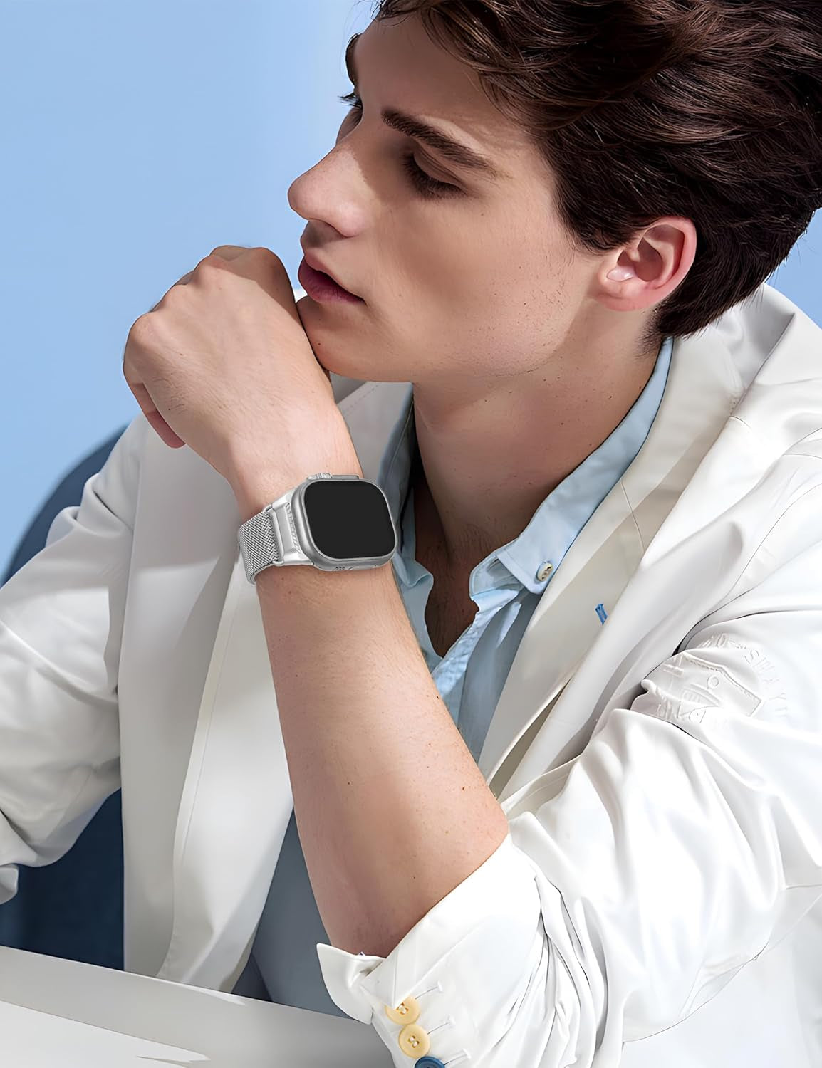 Milanese Mesh Loop Compatible with Apple Watch Band Ultra 2/1 49Mm Series 10 46Mm, Mechanical Design Metal Connector for Iwatch Series 9/8/7 45Mm, Se2/Se/Series 6/5/4 44Mm, Series 3/2/1 42Mm