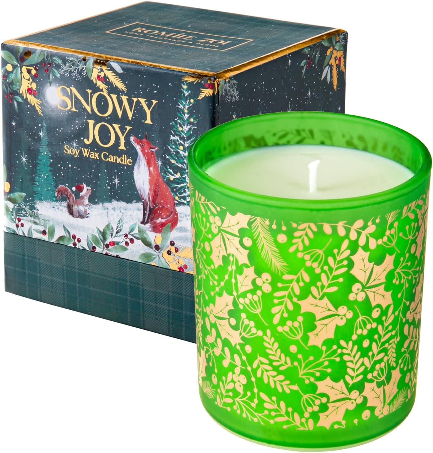 Christmas Scented Candle - 6Oz Soy Wax Candle, Snowy Joy, Infused with Fresh-Cut Spruce Branches Aroma - Green and Gold Gift Box for Holiday Season Gift