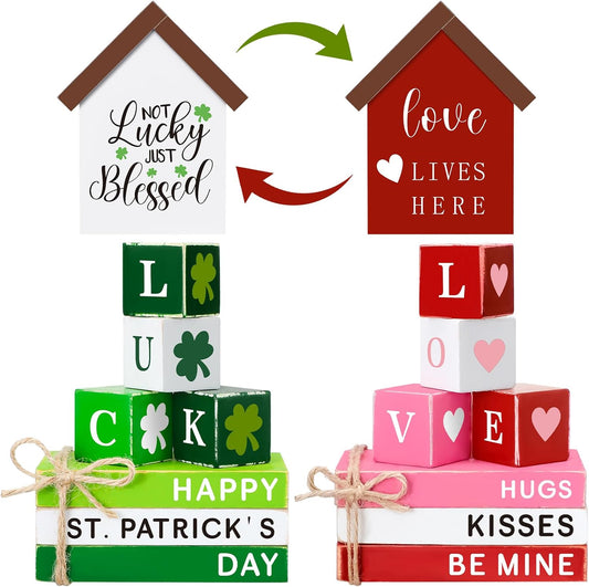 15 Pcs Valentines Day Wooden Table Decor St. Patrick'S Day Shamrock Decorations Valentine Irish Wooden Signs Hugs Kisses Be Mine Happy St. Patrick'S Day Stacks for Home Table Tiered Tray