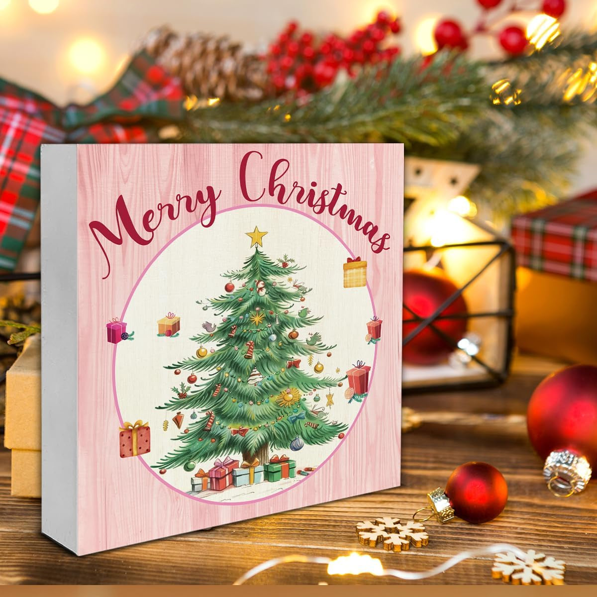 Pink Christmas Decor, Merry Christmas Wooden Sign Home Decor, Christmas Tree Wooden Block Sign, Christmas Decor for Table Shelf 5 X 5 Inch