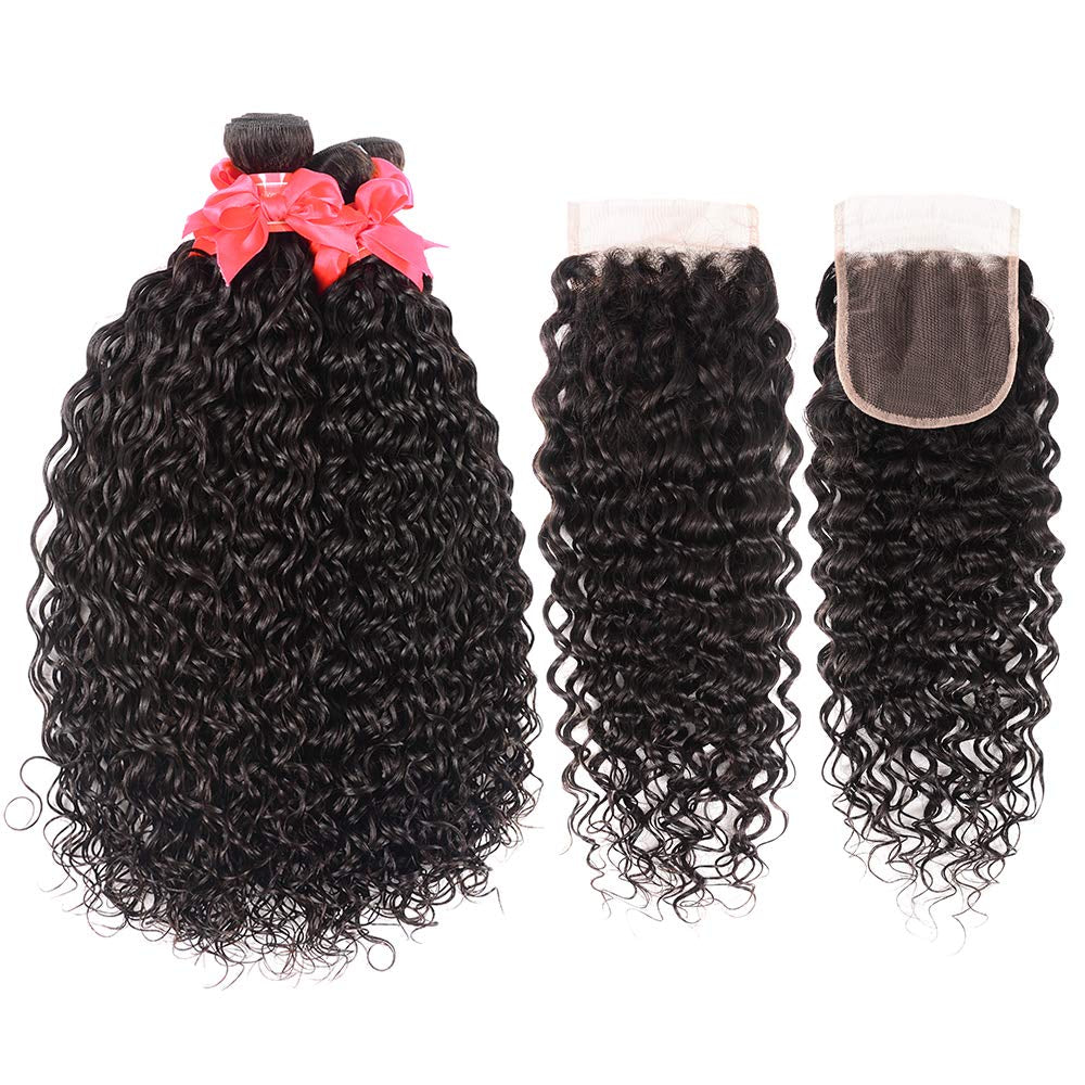 10A Water Wave Bundles with Closure (16 18 20 +14) Wet and Wavy Brazilian Virgin Human Hair 3 Bundles with 4X4 Lace Closure with Baby Hair Free Part 1B# Curly Wave Human Hair Extensions