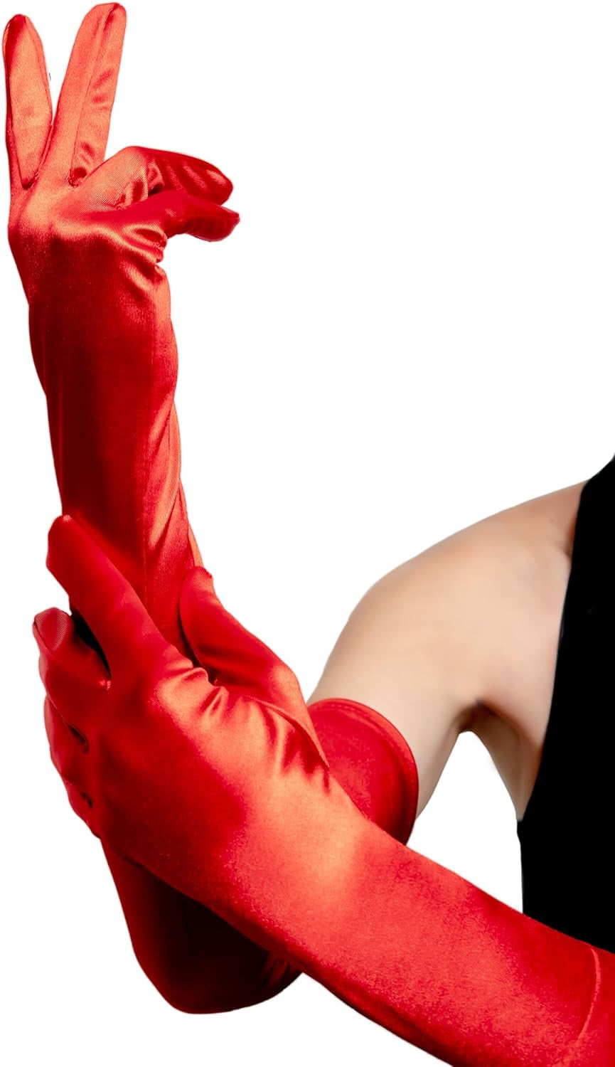 Long Red Satin Opera Gloves for Women, Cruella Deville, Red Riding Hood - Accessories for Halloween Costumes for Women