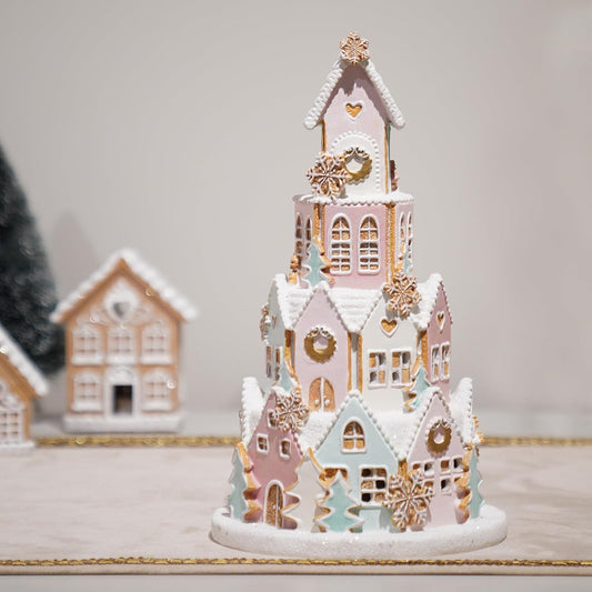 Gingerbread House Christmas Decorations Indoor - Resin Christmas Gingerbread House with Led Light Traditional Cottage Church Christmas Village Collectible Figurines 5 * 5 * 8.25 Inch