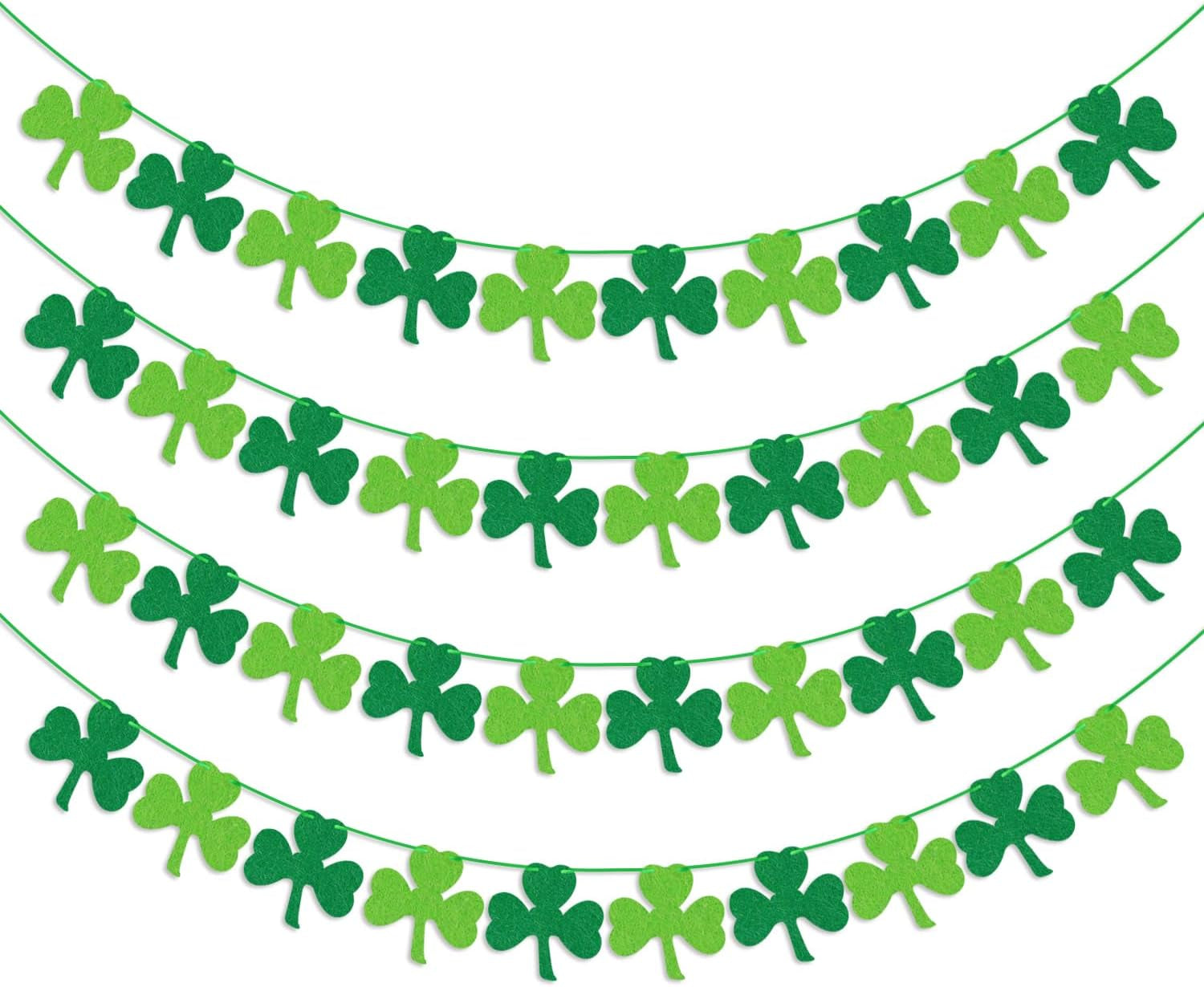 St Patricks Day Decorations 4PCS Felt Shamrock Garland Banner - NO DIY Shamrock Clover Garland Banner for St Patricks Day Decor - Dark Green Light Green for Irish Party Supplies