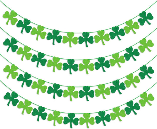 St Patricks Day Decorations 4PCS Felt Shamrock Garland Banner - NO DIY Shamrock Clover Garland Banner for St Patricks Day Decor - Dark Green Light Green for Irish Party Supplies