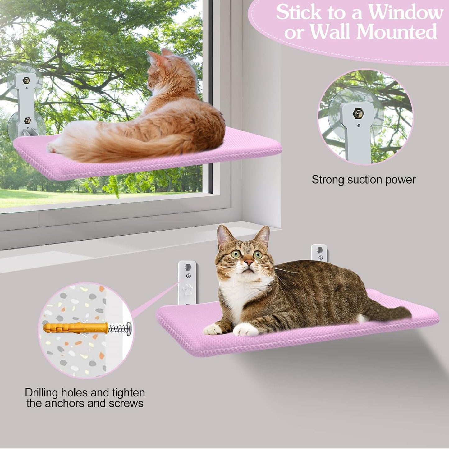 Foldable Cat Window Perch, Cordless Cat Window Hammock Cat Window Bed for Indoor Cats Inside, Large Cats Window Seat Window Sill Cat Perch, Strong Suction Cup & Sturdy Metal Frame & Breathable Mat