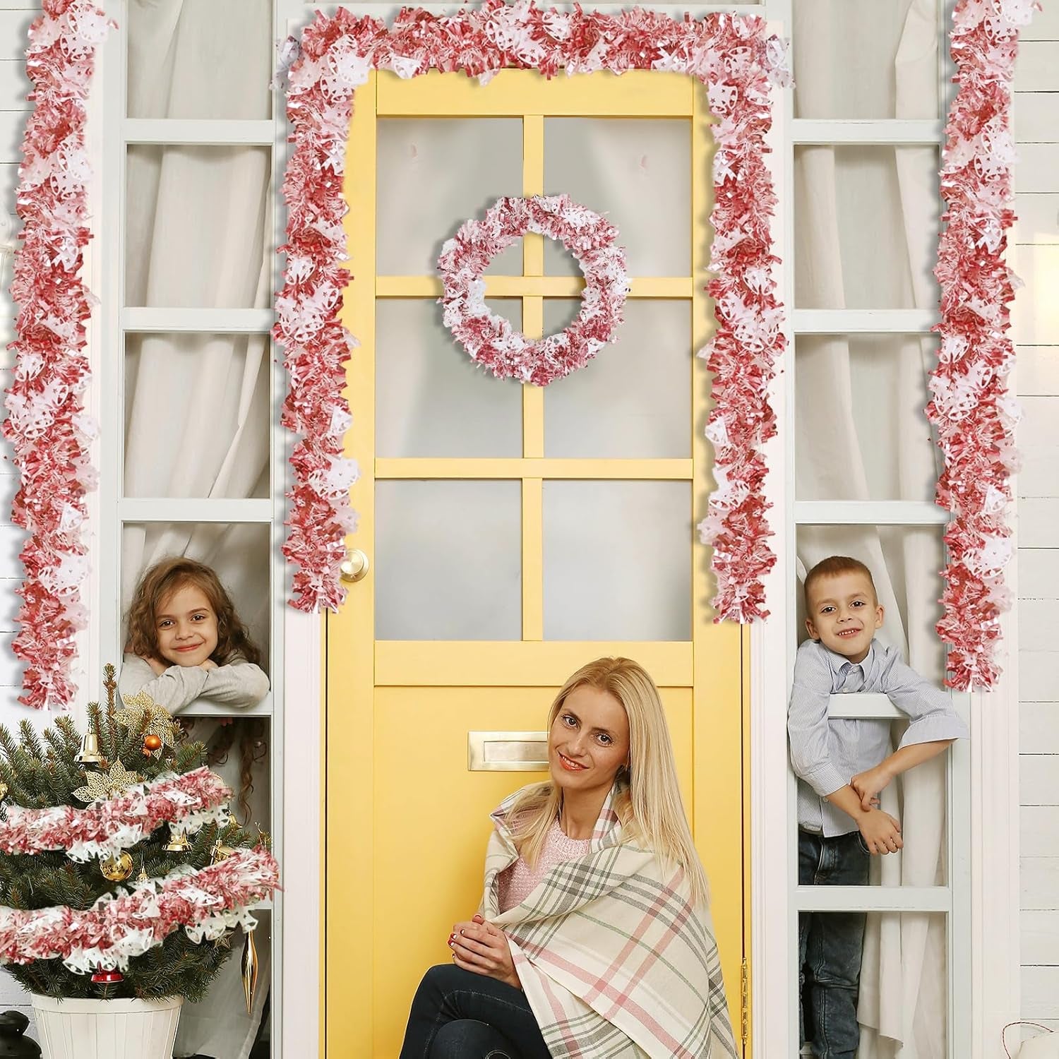 Mega-L Christmas Tinsel Garland Decorations, 26.25Ft Pink and White Jingling Bell Glittery Hanging Pink Xmas Decor for Holiday New Year Birthday Party Supplies Home Tree Mantel Women Indoor Outdoor