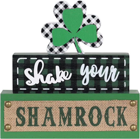 St Patricks Day Decorations,  3-Layered Shamrock Wood Block St Patricks Day Decor, Shamrock Ornaments Shake Your SHAMROCK Sign Saint Patricks Day Decorations for the Home, Table, Mantel