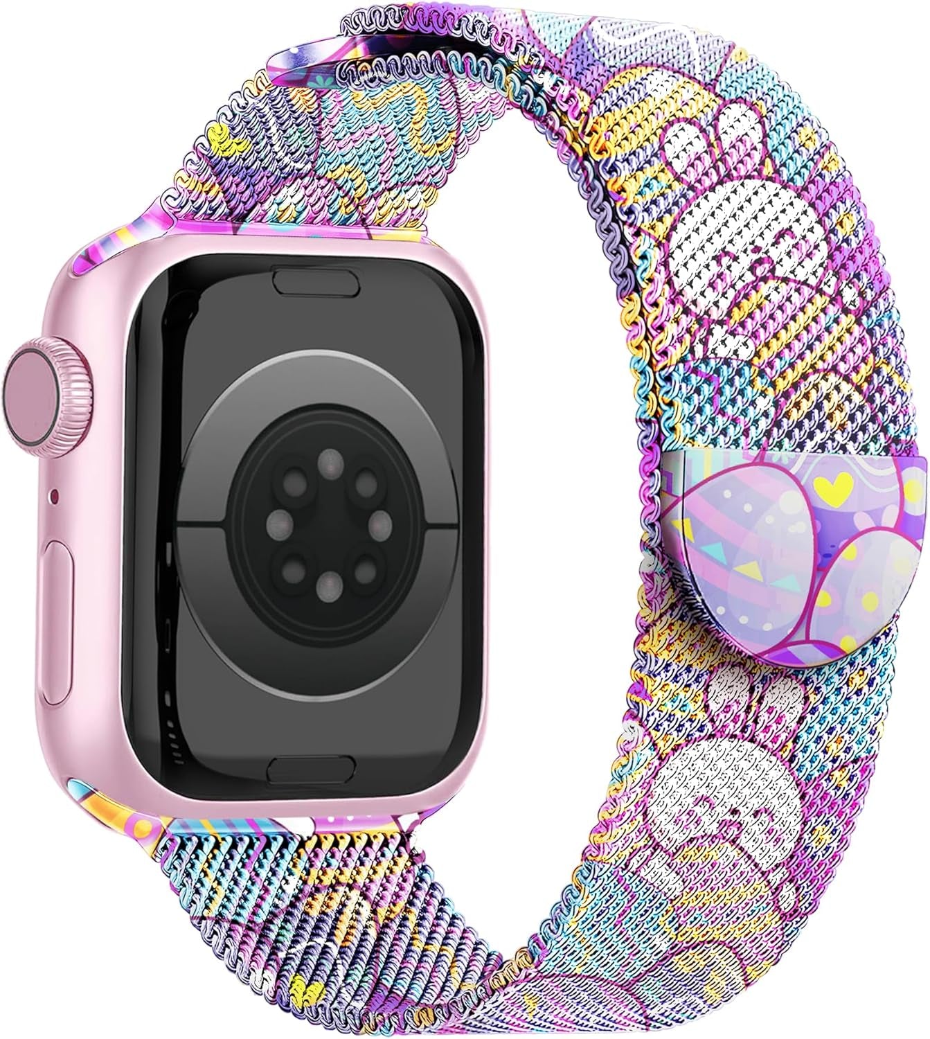 Magnetic Metal Easter Apple Watch Bands for Women Men 41Mm 42Mm 44Mm 45Mm 46Mm 49Mm 38Mm 40Mm, Valentine Holiday Milanese Loop Strap for Apple Watch Series 10 9 SE 8 7 6 5 4 3 2 1 Ultra 2 1-Purple Easter Eggs & Rabbit