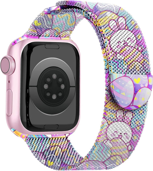 Magnetic Metal Easter Apple Watch Bands for Women Men 41Mm 42Mm 44Mm 45Mm 46Mm 49Mm 38Mm 40Mm, Valentine Holiday Milanese Loop Strap for Apple Watch Series 10 9 SE 8 7 6 5 4 3 2 1 Ultra 2 1-Purple Easter Eggs & Rabbit