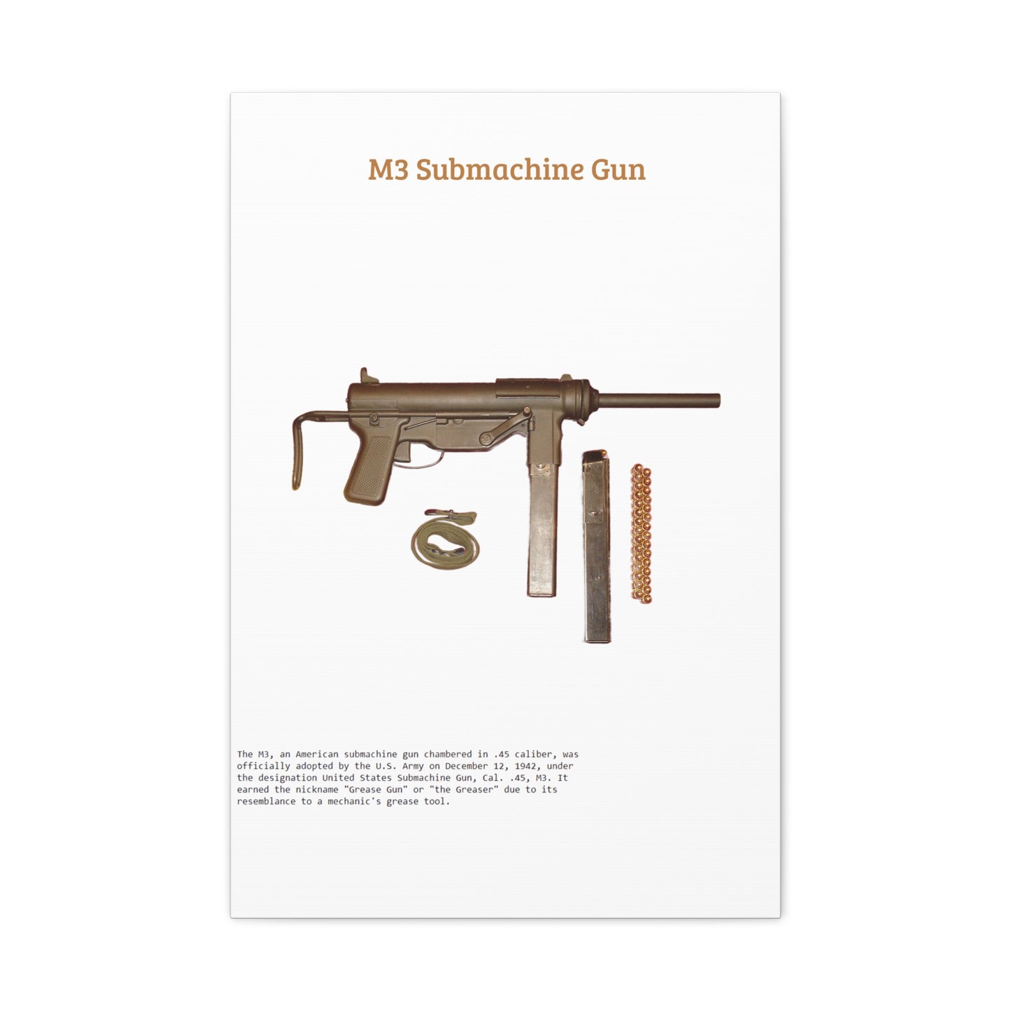 Grease Gun M3 submachine gun Matte Canvas, Stretched, 1.25"