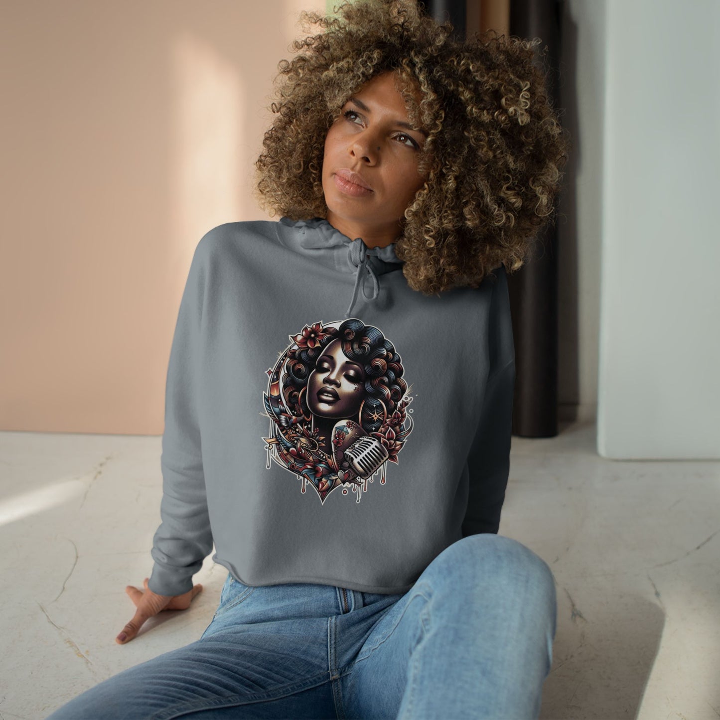 Angie Stone inspired Feminine Vibe Crop Hoodie with Microphone Design