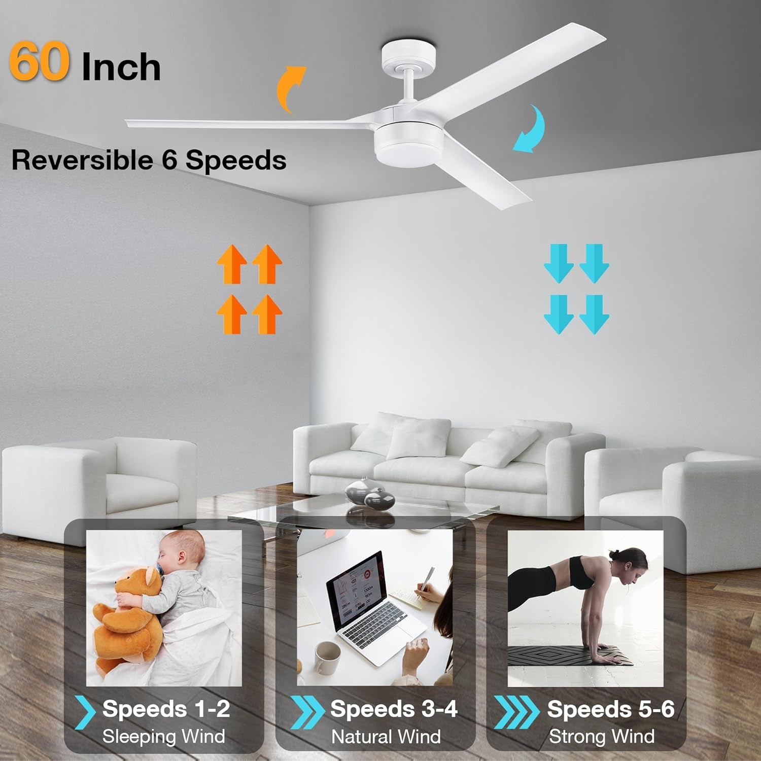 60” Large Smart Ceiling Fans with LED Lights and Remote,Quiet DC Motor,Dimmable,Outdoor Indoor Matte White Ceiling Fan Controlled by WIFI Alexa App,Modern 3 Blade for Bedroom Living Room Patio