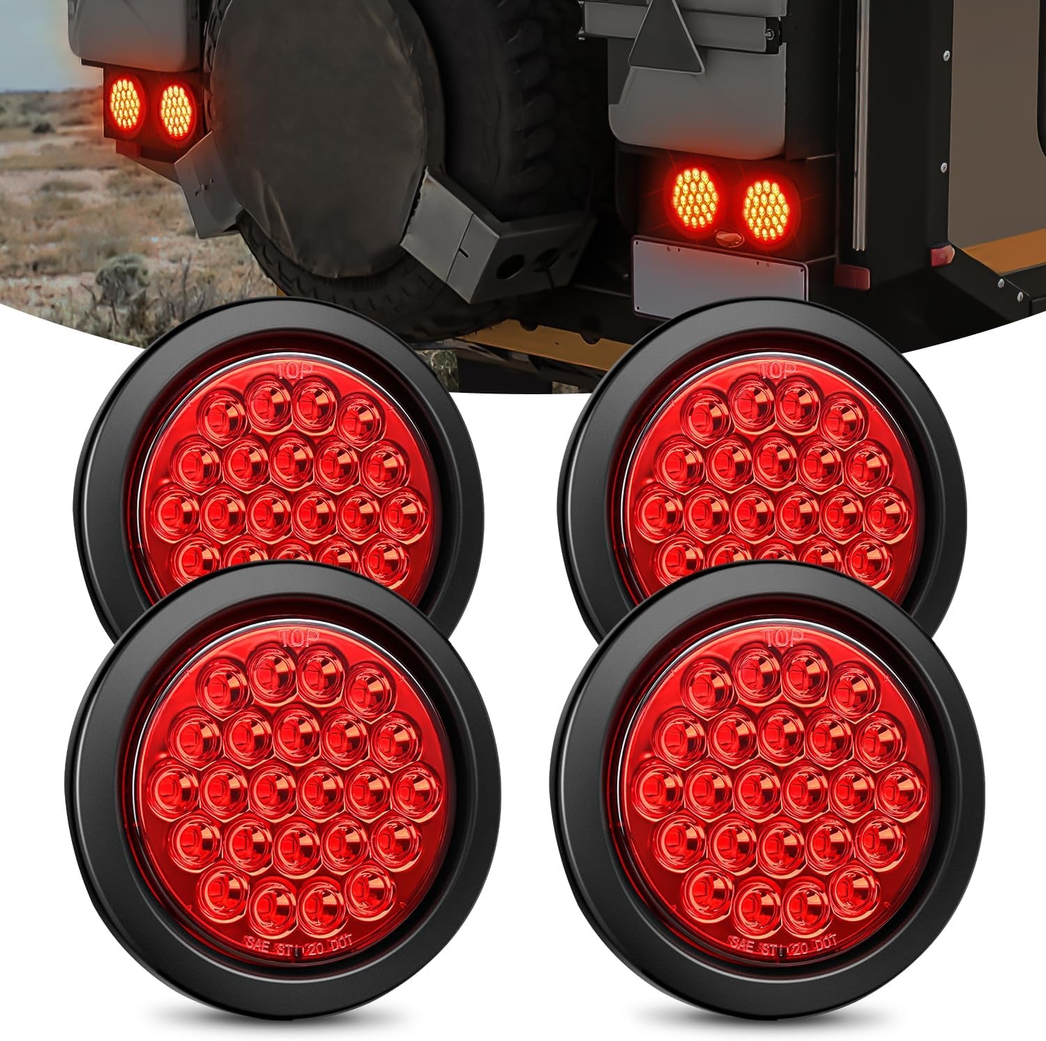 - TL-18 2PCS 4" round Red LED Trailer Tail Lights W/Surface Mount Grommet Plugs IP67 Stop Brake Turn Tail Lights for Truck Trailer RV Jeep