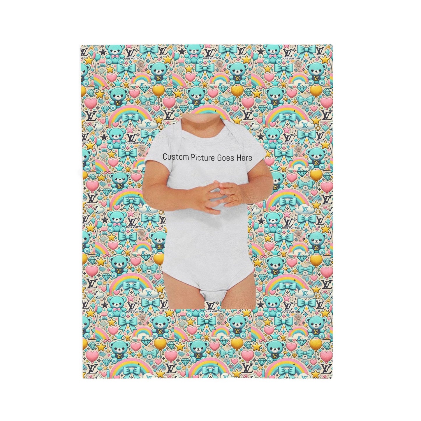 Colorful Plush Blanket Cute Bears and Rainbows Louis Vuitton-inspired fabric pattern for kids Customized Picture