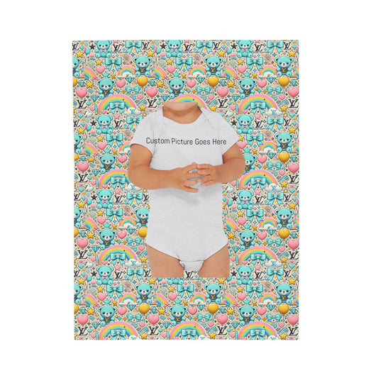 Colorful Plush Blanket Cute Bears and Rainbows Louis Vuitton-inspired fabric pattern for kids Customized Picture