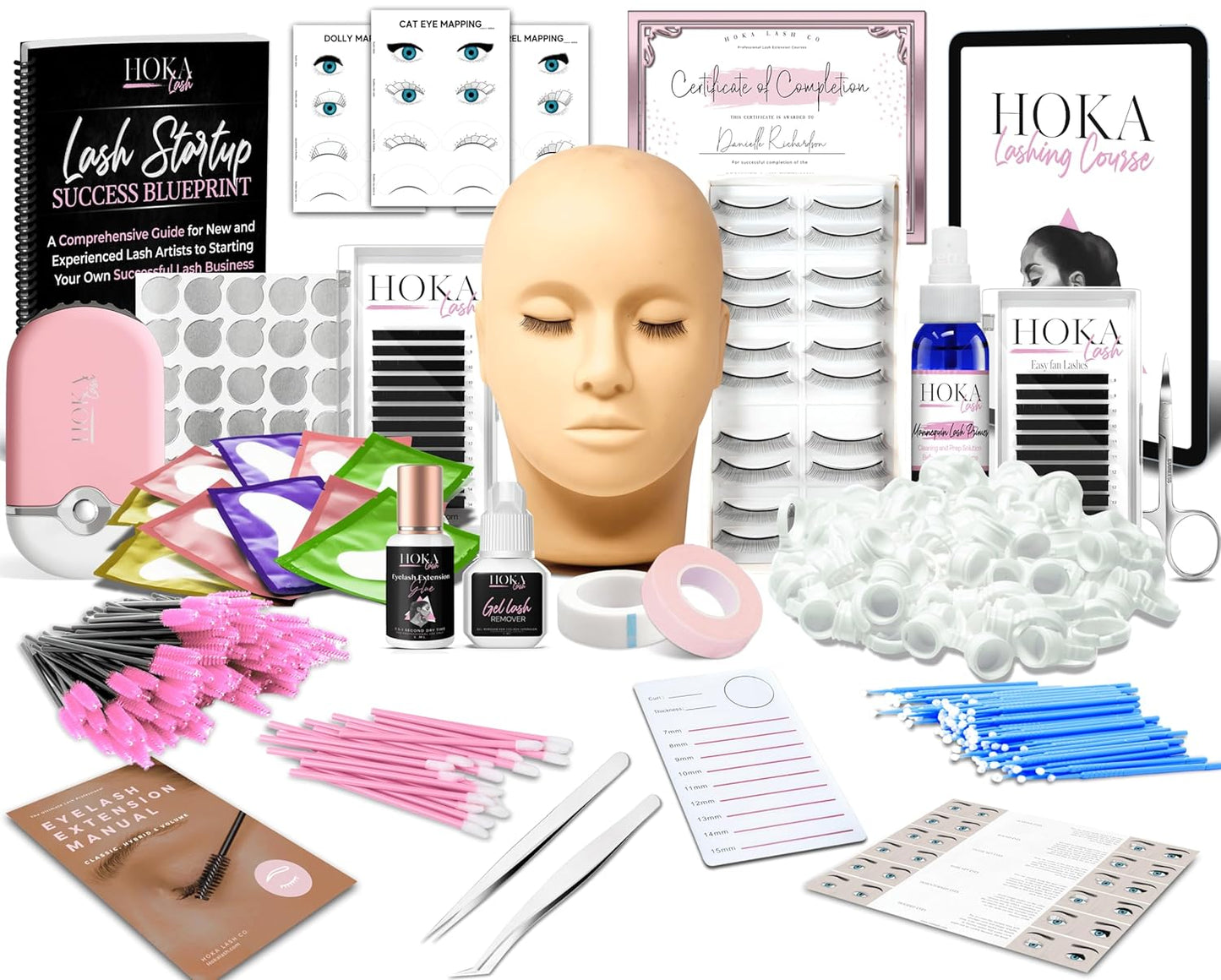 Lash Eyelash Extension Kit & Training Course and Certification, Professional Lash Extension Kit for Beginners Includes Practice Mannequin Head, Lash Trays, Glue, Tweezers, Fan & More