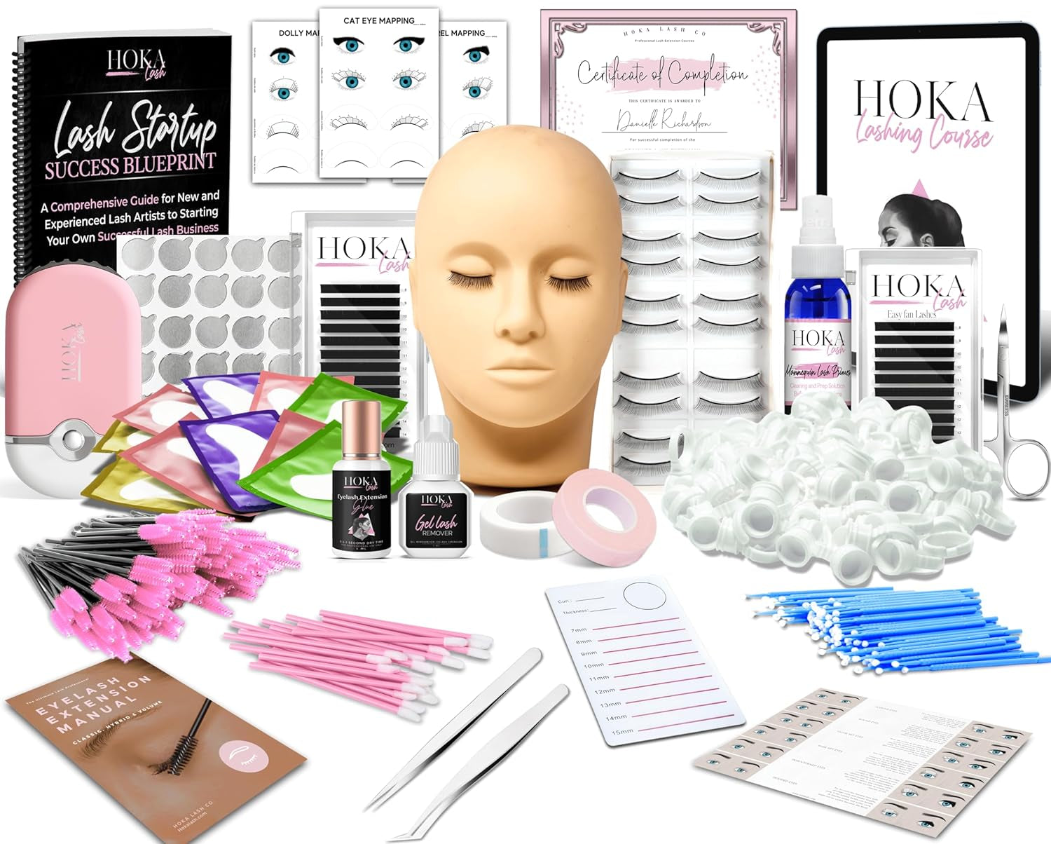 Lash Eyelash Extension Kit & Training Course and Certification, Professional Lash Extension Kit for Beginners Includes Practice Mannequin Head, Lash Trays, Glue, Tweezers, Fan & More