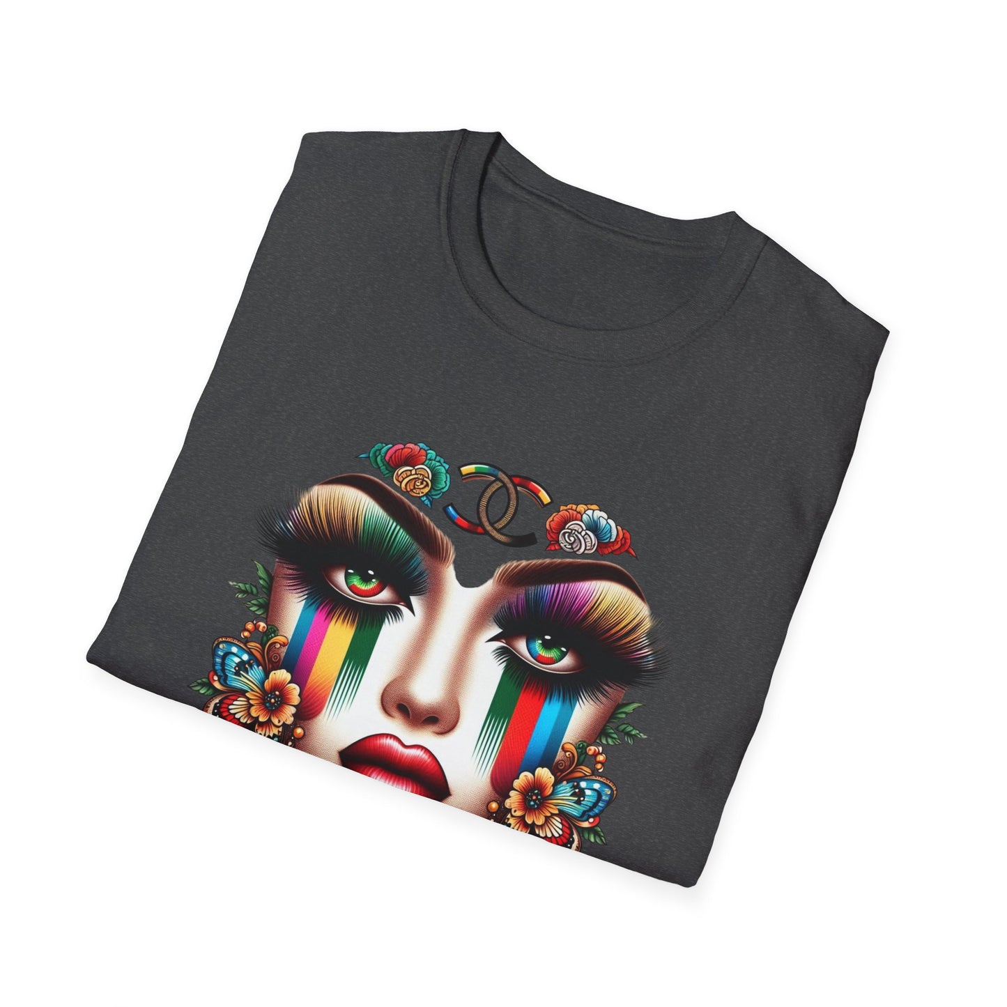Gucci Inspired Vibrant Art Face Unisex Softstyle T-Shirt - Colorful Floral Design