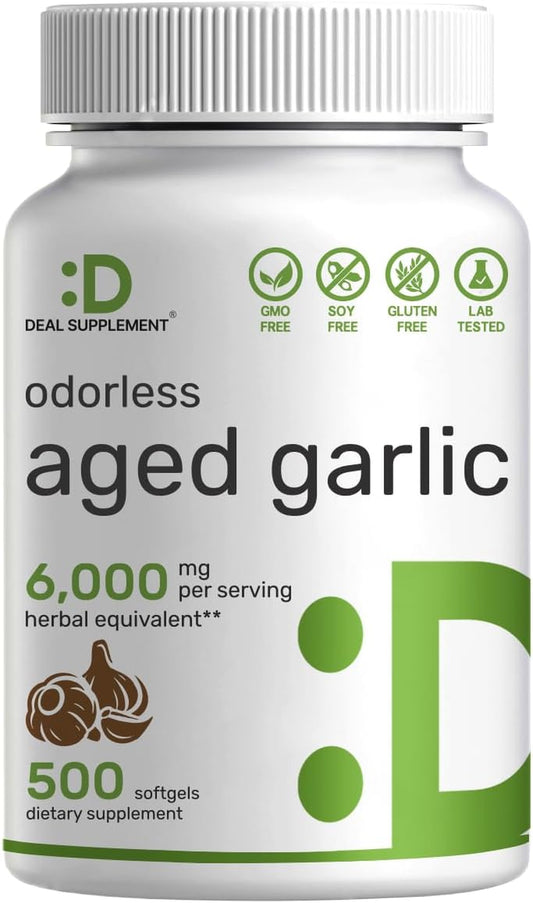 Odorless Aged Garlic Pills, 6,000Mg per Serving, 500 Softgels – 24:1 Garlic Oil Extract – Fresh Allium Sativum Bulb Source – Heart & Immune Antioxidant Supplements – Non-Gmo TLBH