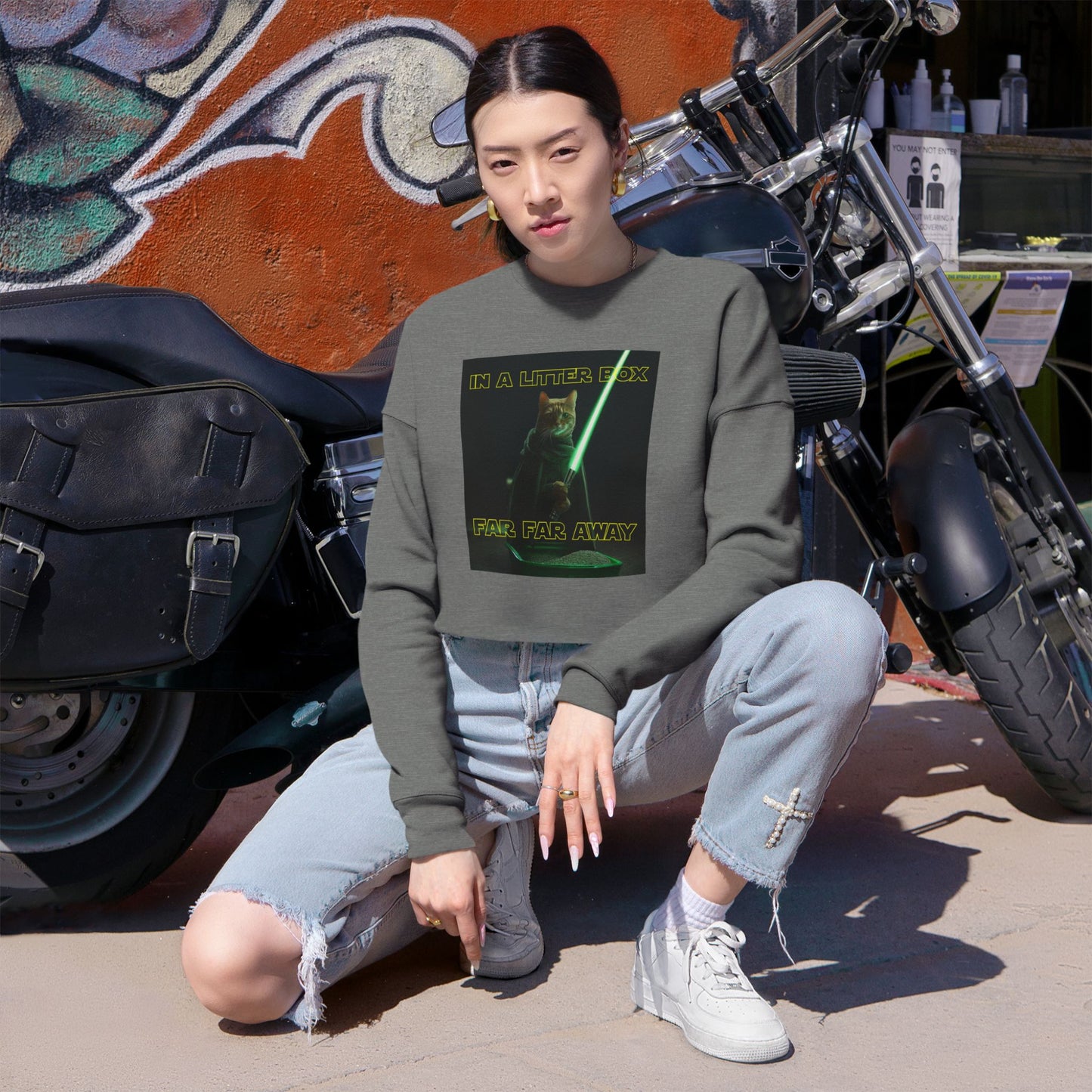 STAR WARS CAT IN A LITTER BOX FAR FAR AWAY Women's Cropped Sweatshirt