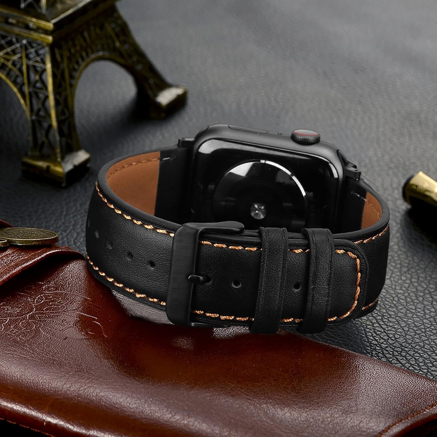 Bands Compatible with Apple Watch Band 49Mm 45Mm 44Mm 42Mm Men Genuine Leather Replacement Bands Compatible with Apple Watch Ultra 2 Ultra SE 2 SE Series 9 8 7 6 5 4 3 2 1, Black